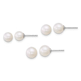 Sterling Silver Rhodium-plated 5-6mm/6-7mm/7-8mm Round White Freshwater Cultured Pearl Post Earring Set